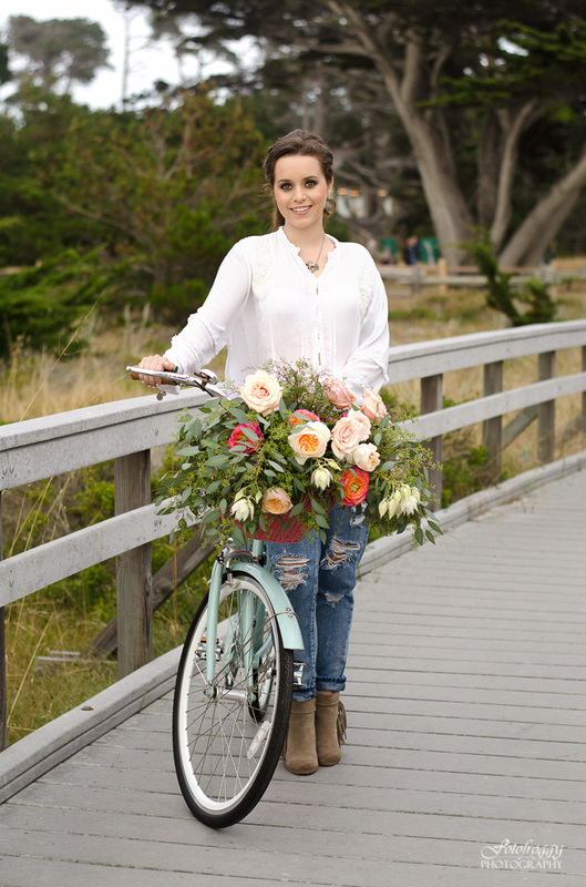 Floral basket on bicycle senior girl portrait at Asilomar, Pacific Grove Fotofroggy Photography S