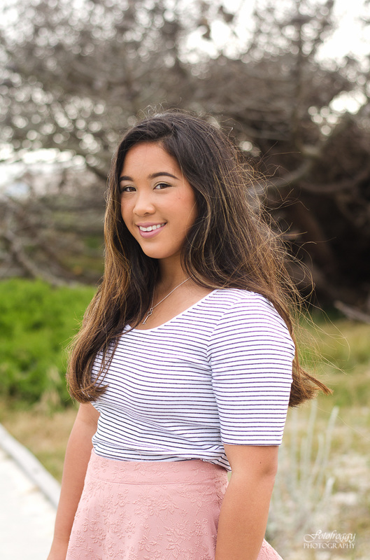 Striped shirt senior girl portraits at Asilomar, Pacific Grove Fotofroggy Photography