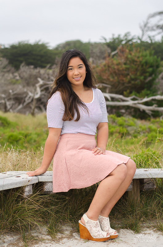 Sitting on wood bench pink skirt senior girl portrait at Asilomar, Pacific Grove Fotofroggy Photography