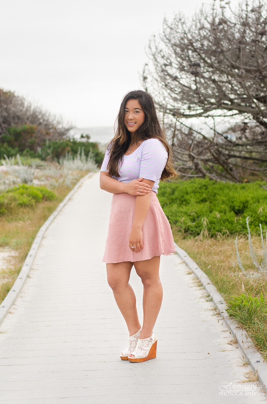 Full body cute preppy outfit pink skirt senior girl portrait at Asilomar, Pacific Grove Fotofroggy Photography