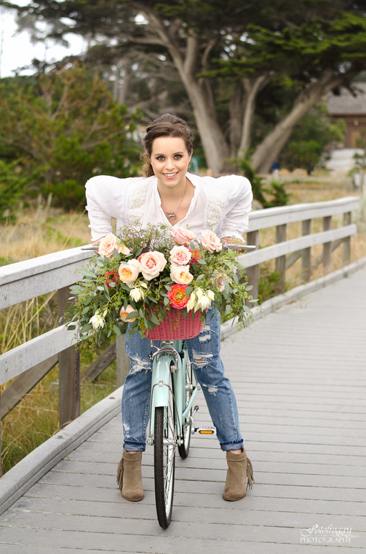 Senior girl leaning over bicycle with flowers at Asilomar, Pacific Grove Fotofroggy Photography