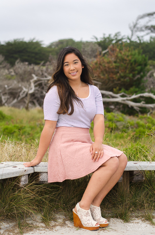 Senior girl sitting on bench pink skirt at Asilomar, Pacific Grove Fotofroggy Photography