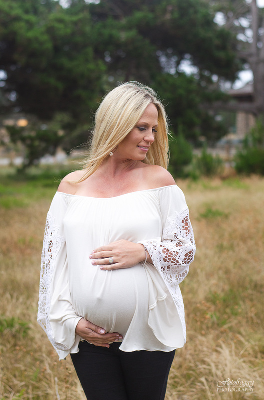 Blonde woman white blouse maternity portrait in Pacific Grove