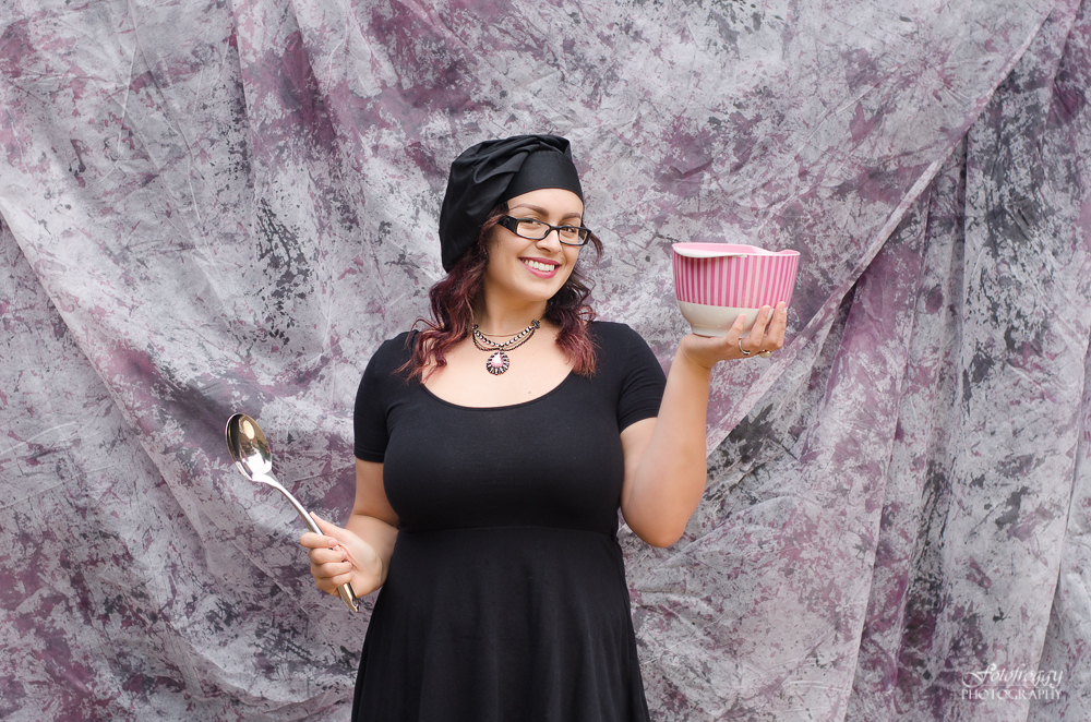 Giving Into Cyn - YouTube - black chef hat pink mixing bowl on purple and grey backdrop
