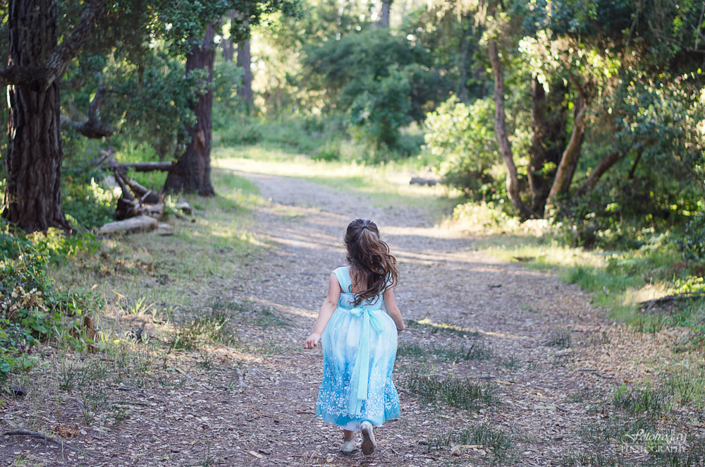 Little girl in light blue dress running down a forest path. Pacific Grove family photography. www.fotofroggy.com