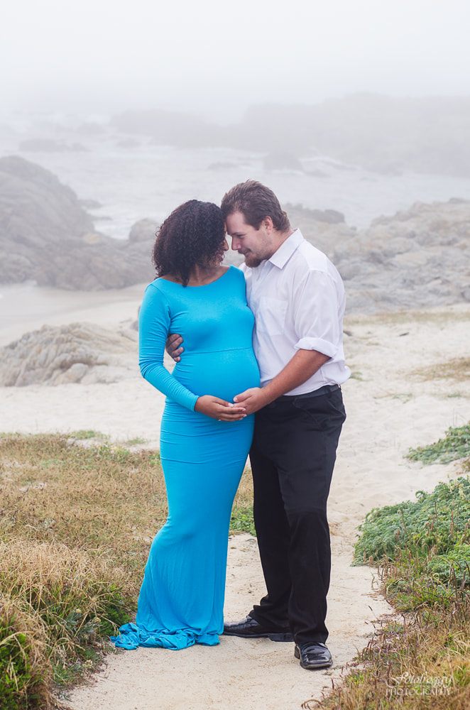 Couple's maternity portrait at Asilomar Beach. SewTrendy blue gown. www.fotofroggy.com