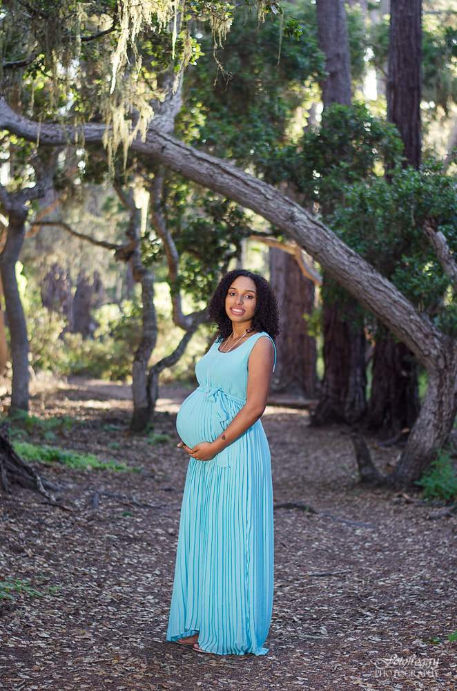 Maternity portrait in pleated blue dress. Pacific Grove CA. www.fotofroggy.com