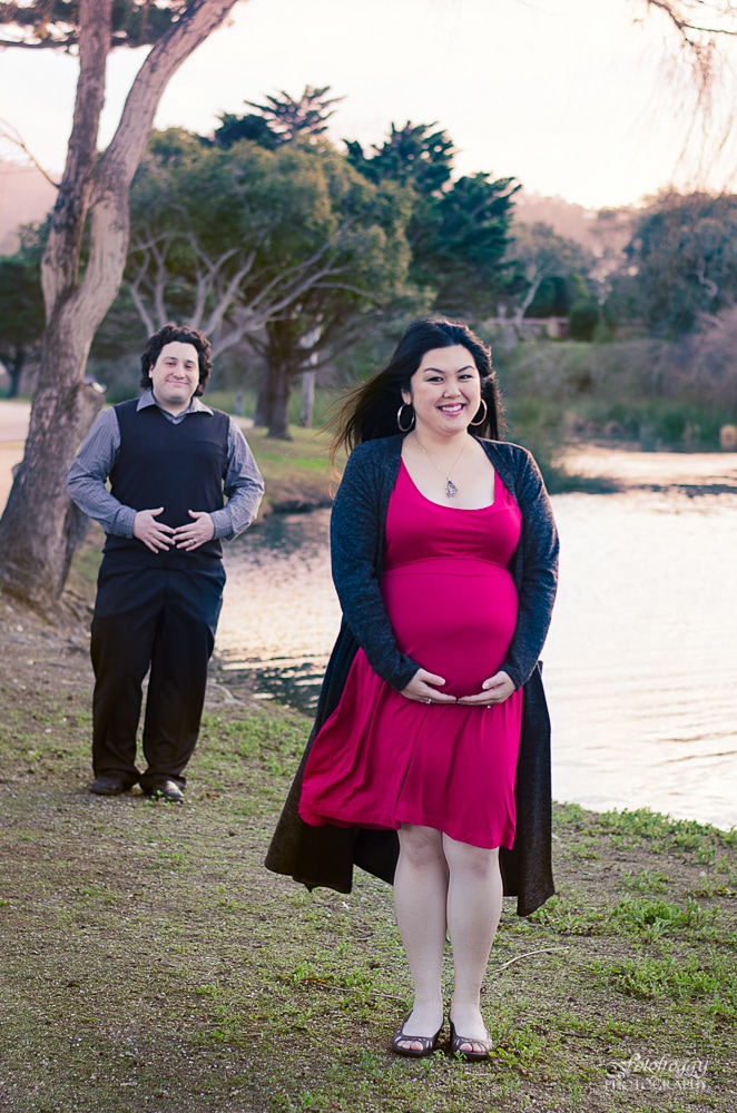 Silly maternity baby bump photo. Family portraits in Monterey Bay, Fotofroggy Photography